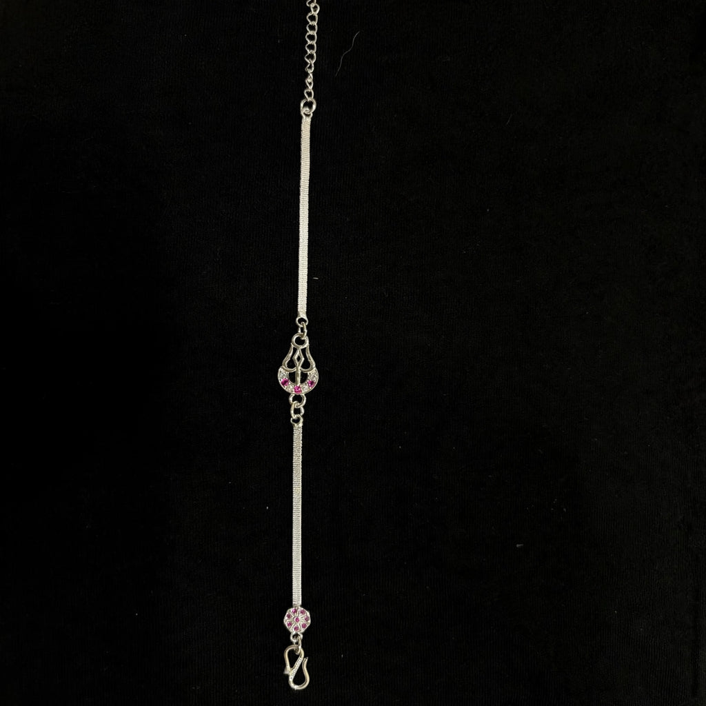 Shiv Trishul Silver Bracelet - Pink White CZ