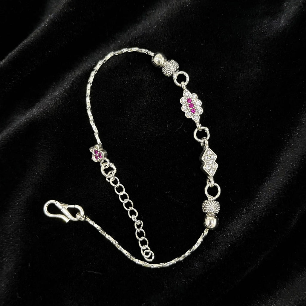 Pink Floral Silver Bracelet - Dual Charm