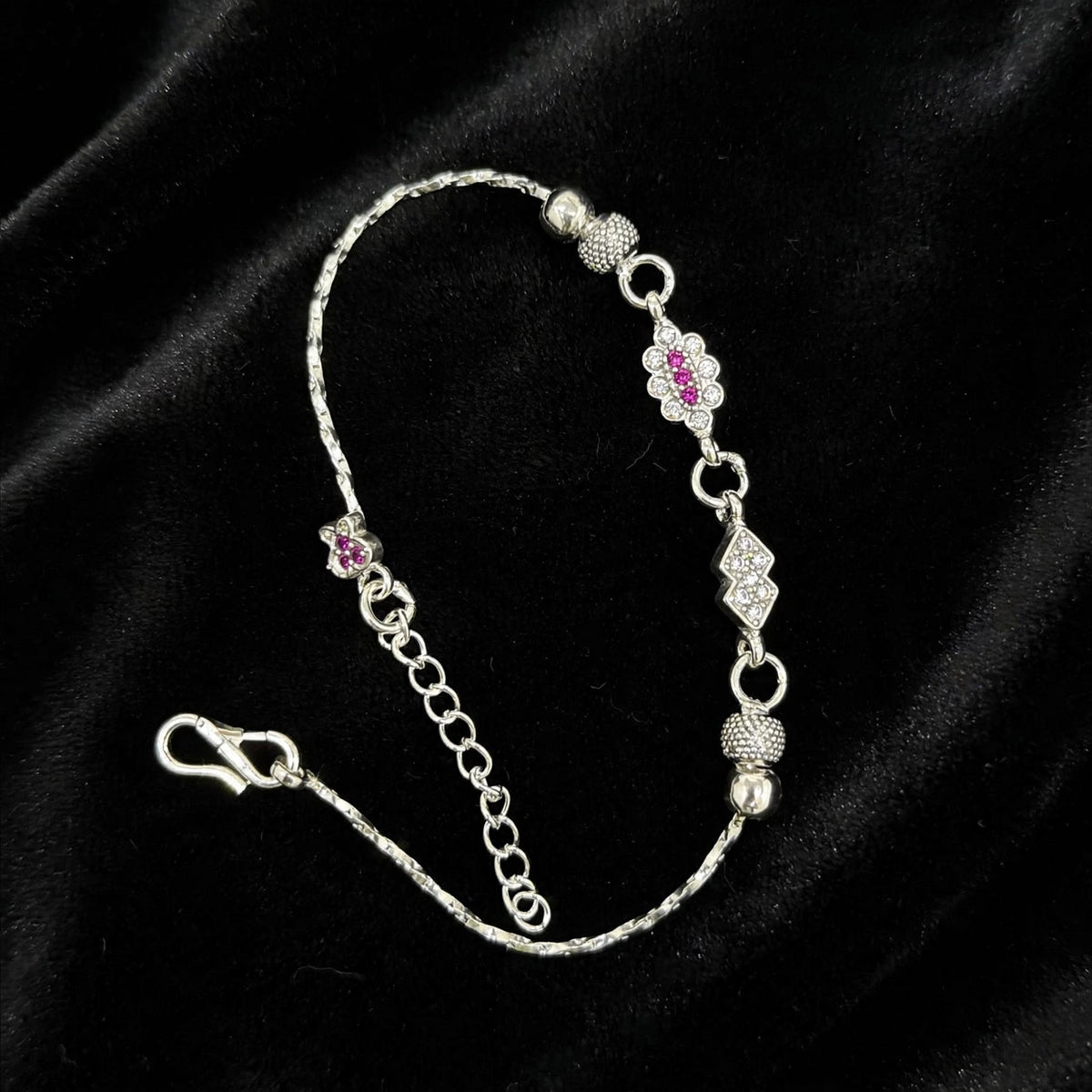 Pink Floral Silver Bracelet - Dual Charm