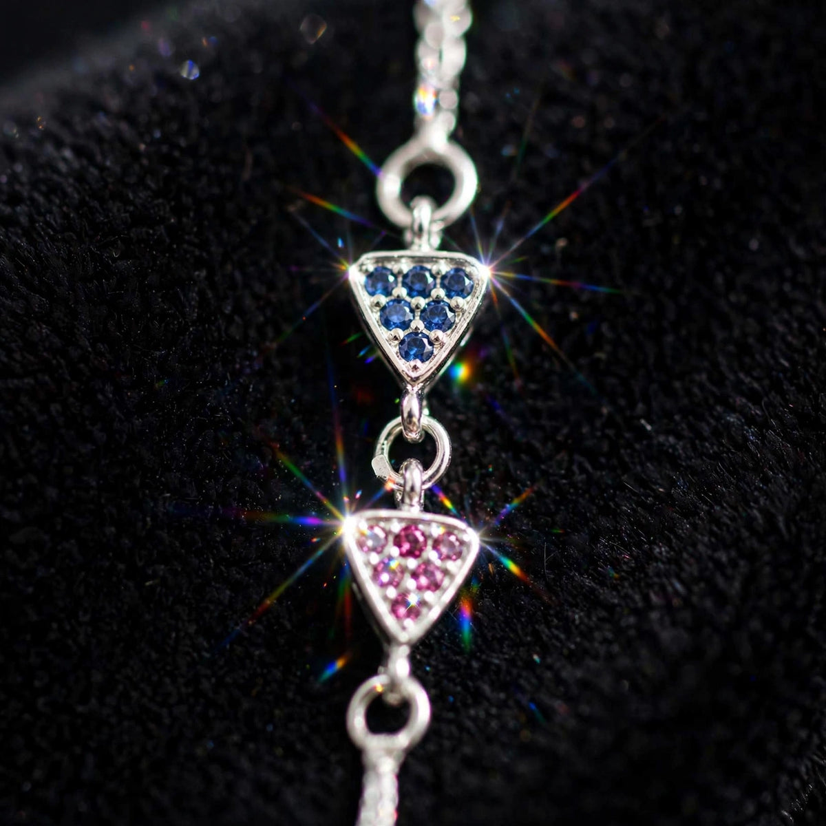 Double Triangle Silver Bracelet - Pink & Blue CZ