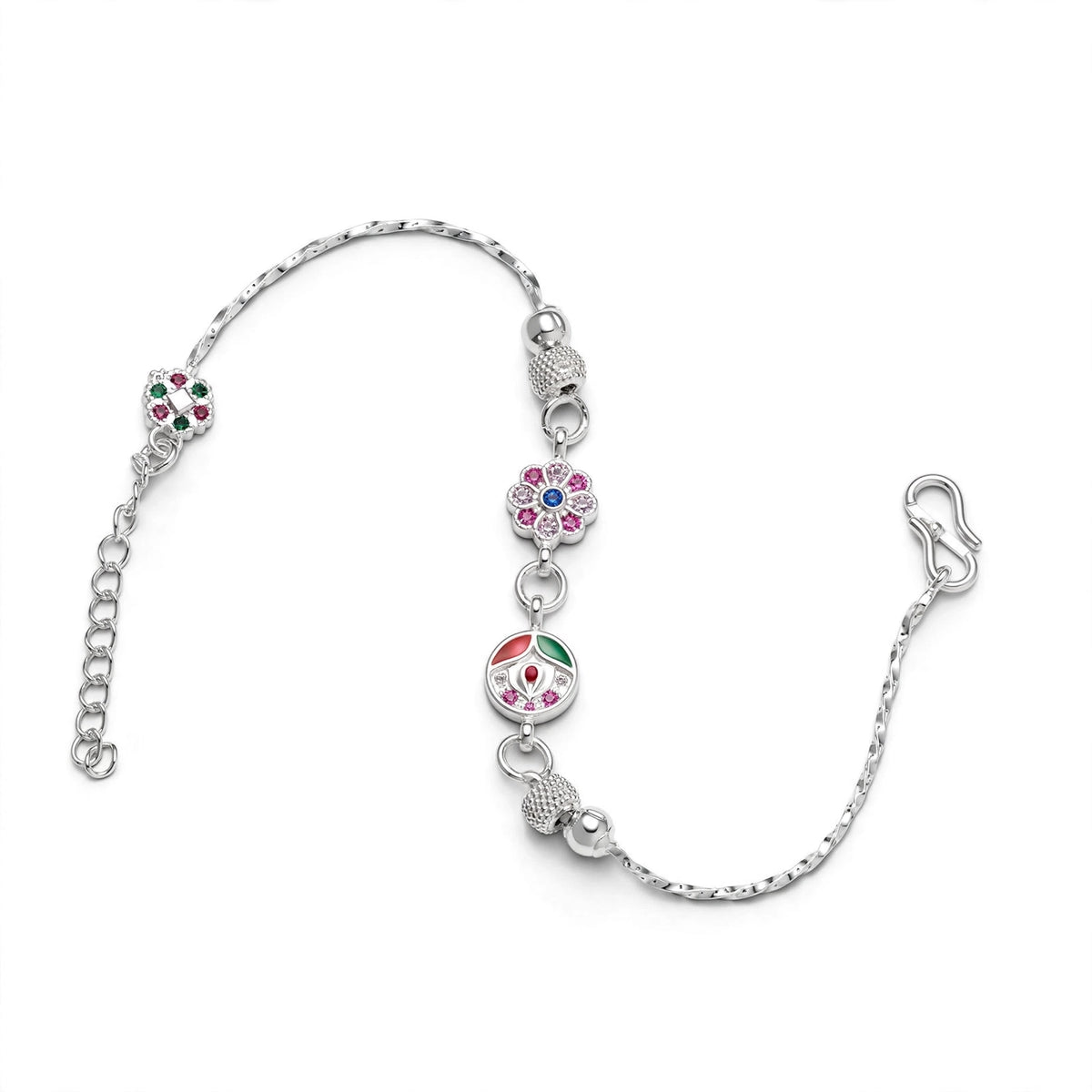 Flower Peacock Silver Bracelet - Meenakari Enamel