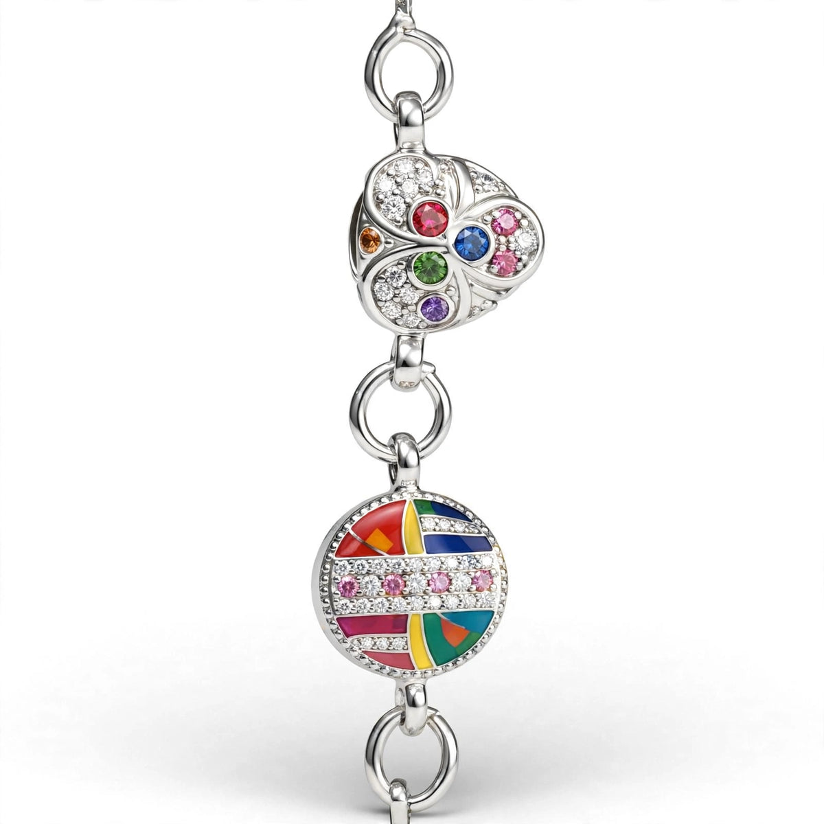 Double Charm Rainbow Silver Bracelet - Heart + Circle