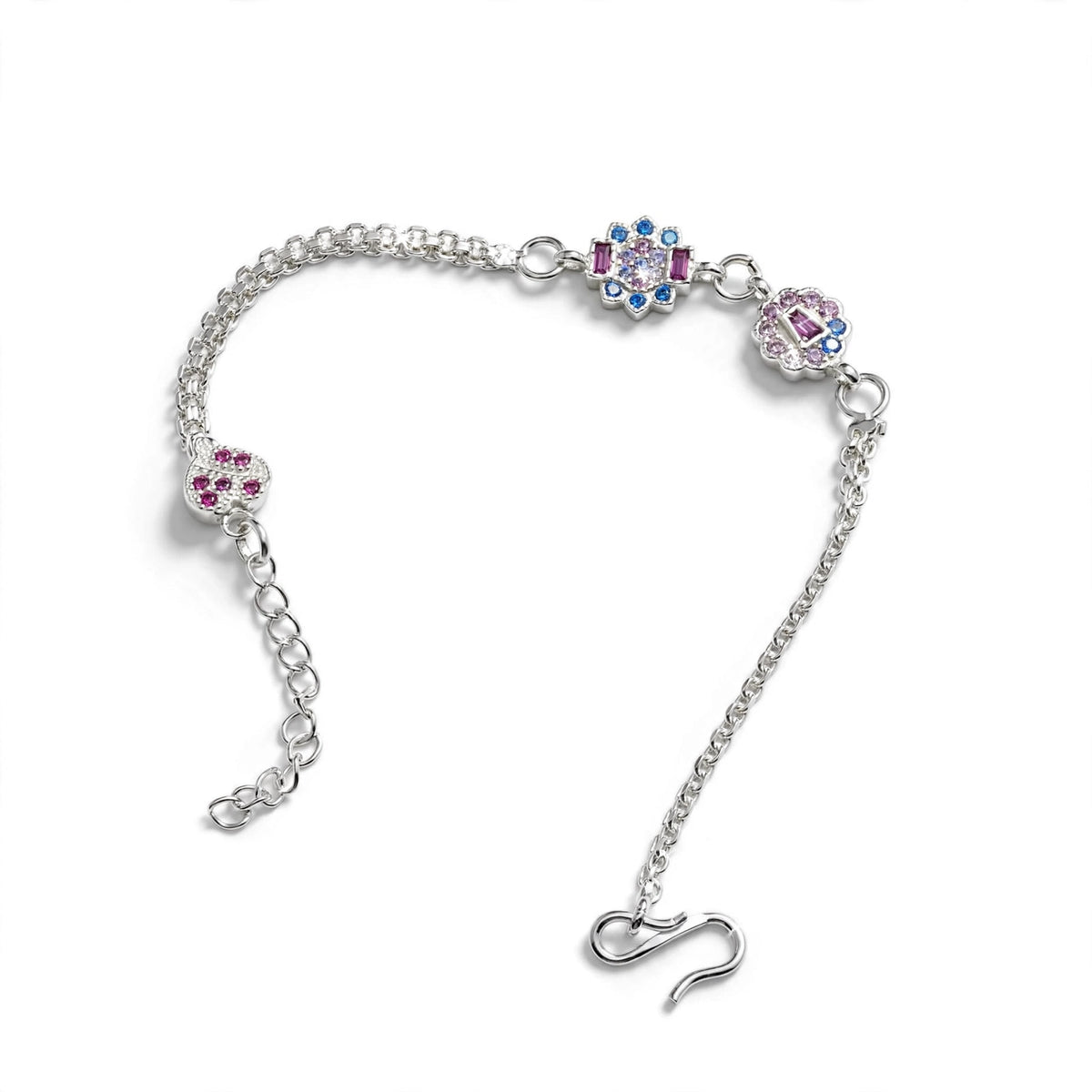 Floral Designer Silver Bracelet - Pink Blue CZ
