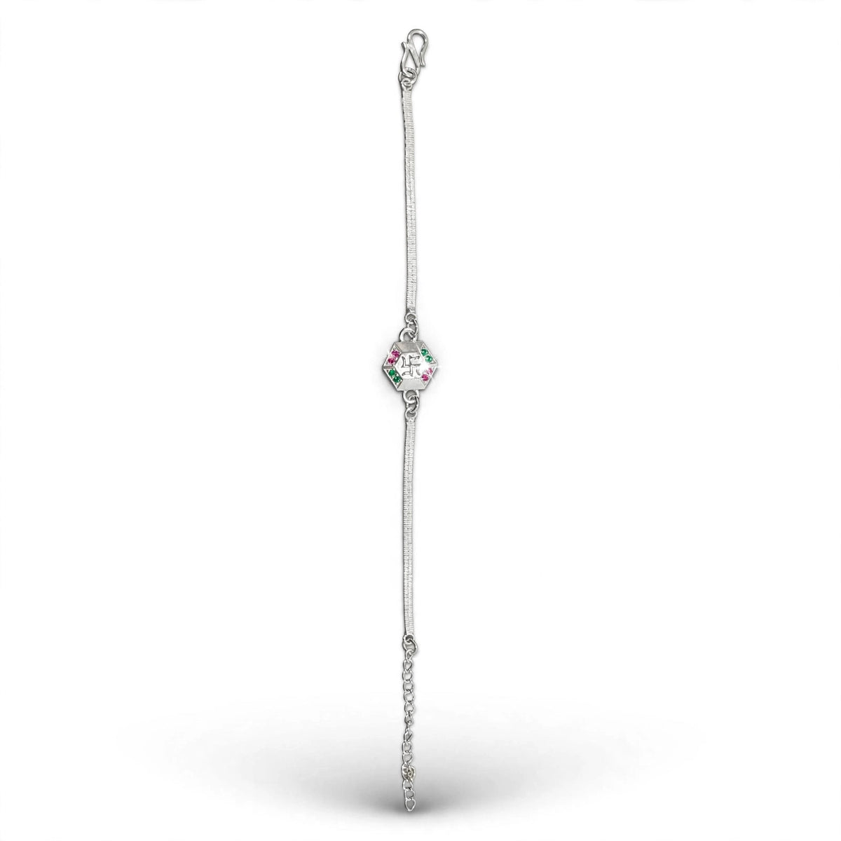 Swastik Hexagon Silver Bracelet - Pink Green CZ