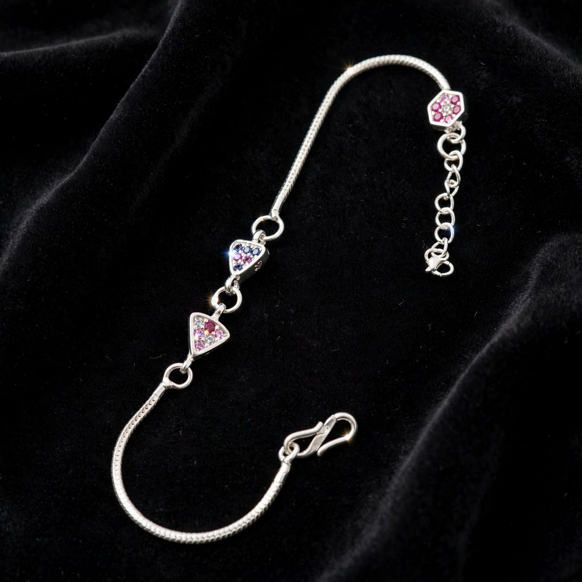 Double Triangle Silver Bracelet - Pink & Blue CZ