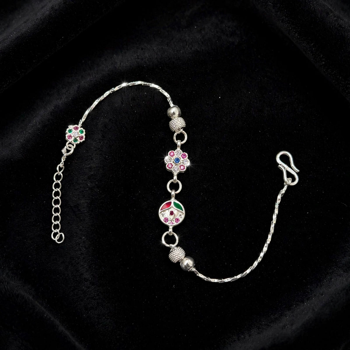 Flower Peacock Silver Bracelet - Meenakari Enamel