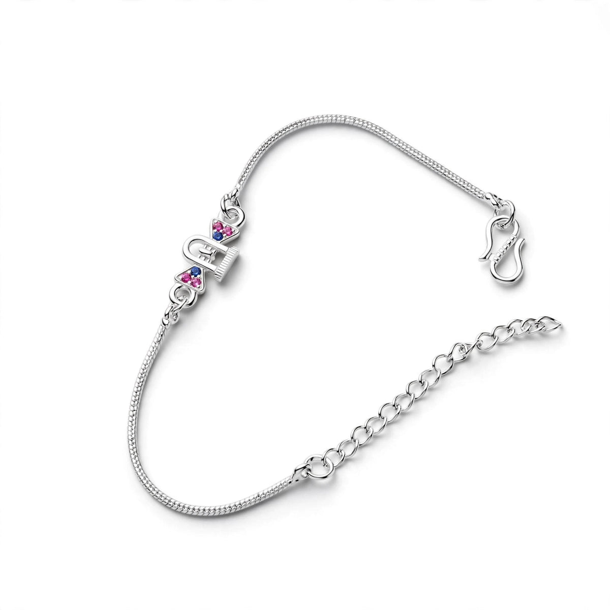 Letter D Silver Bracelet - Pink Blue CZ