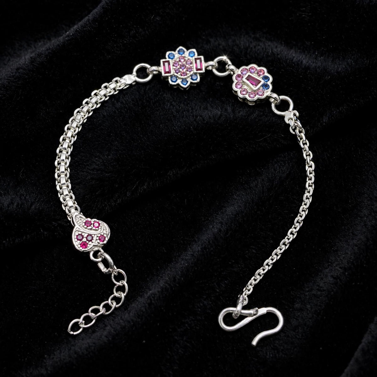 Floral Designer Silver Bracelet - Pink Blue CZ