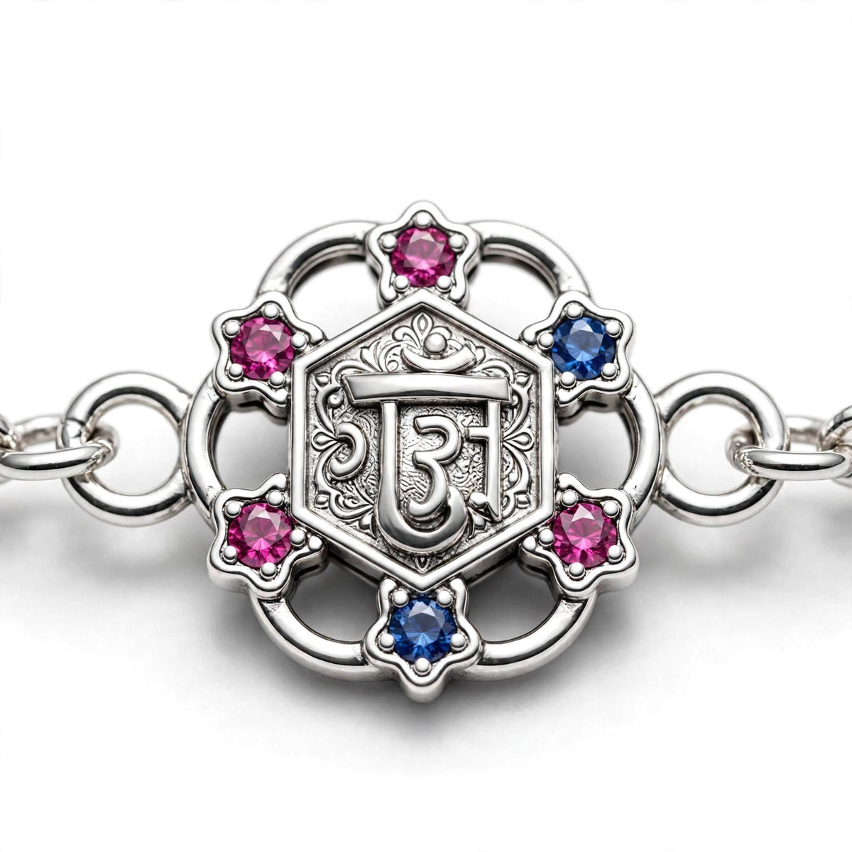Shree Om Silver Bracelet - Pink Blue CZ (Filigree)