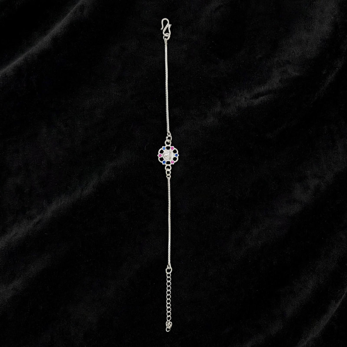 Shree Om Silver Bracelet - Pink Blue CZ (Filigree)