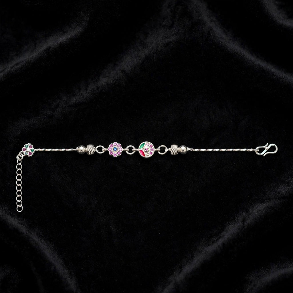Flower Peacock Silver Bracelet - Meenakari Enamel