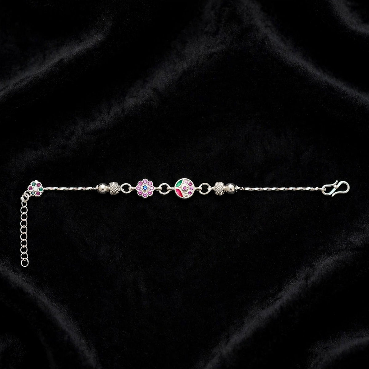 Flower Peacock Silver Bracelet - Meenakari Enamel