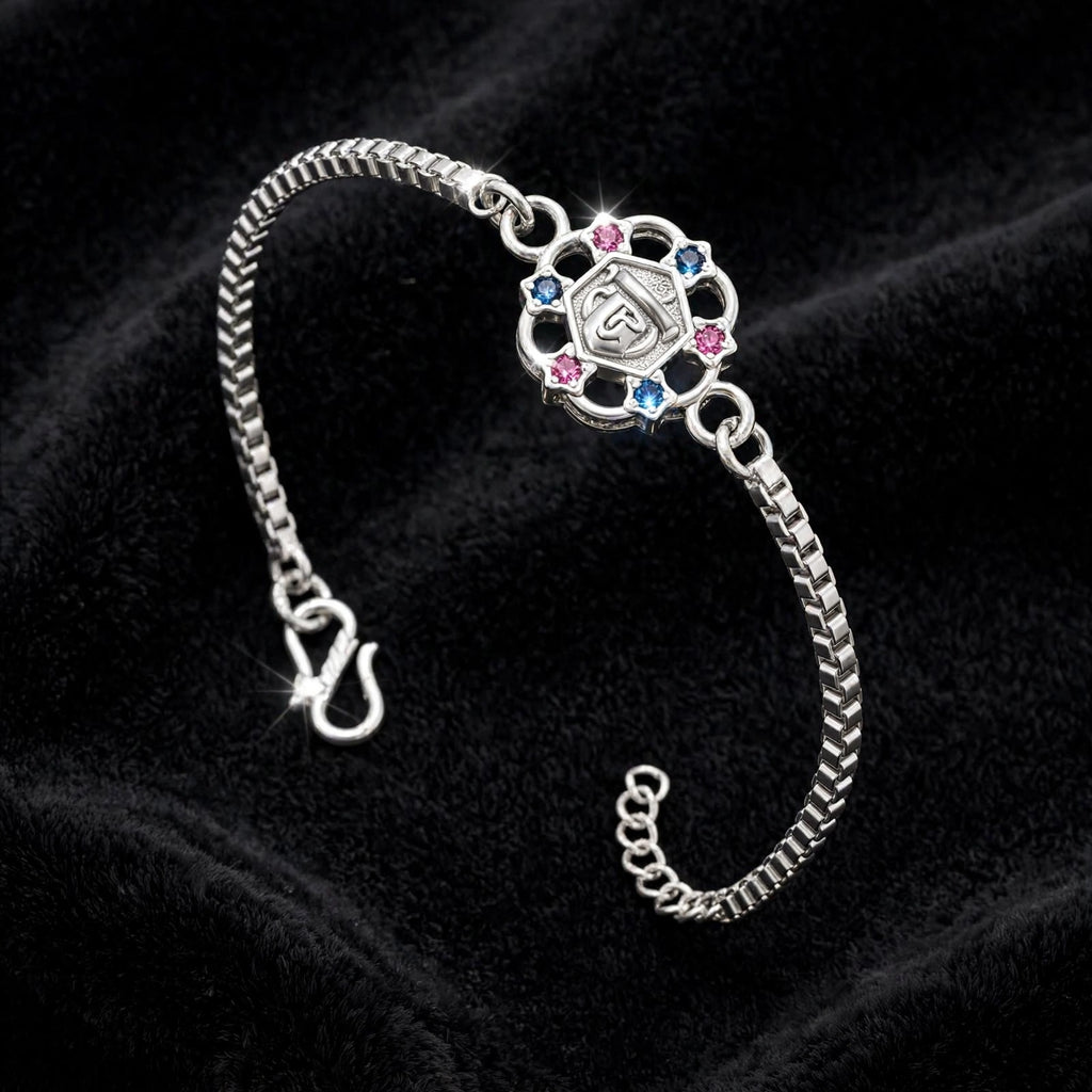 Shree Om Silver Bracelet - Pink Blue CZ (Filigree)