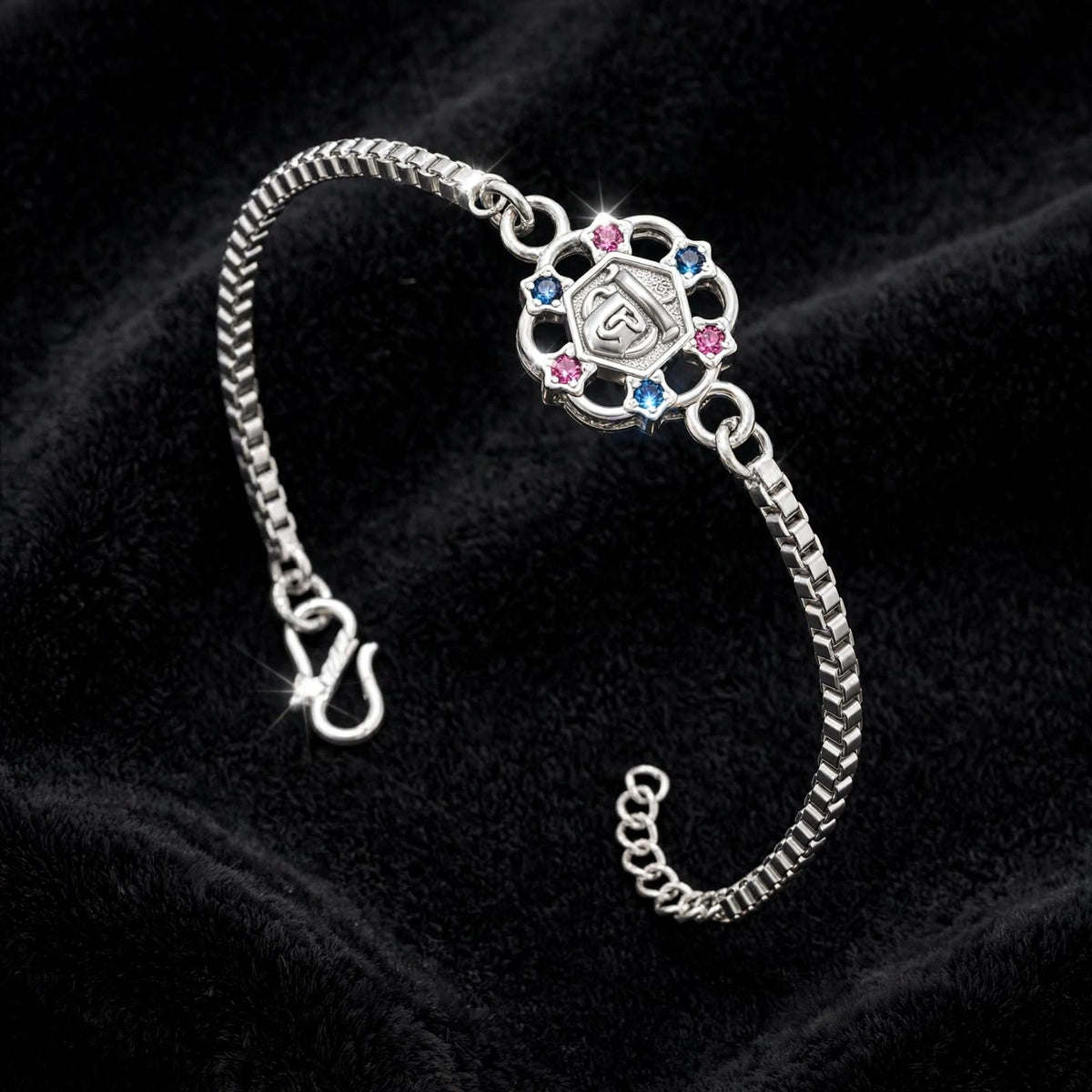 Shree Om Silver Bracelet - Pink Blue CZ (Filigree)