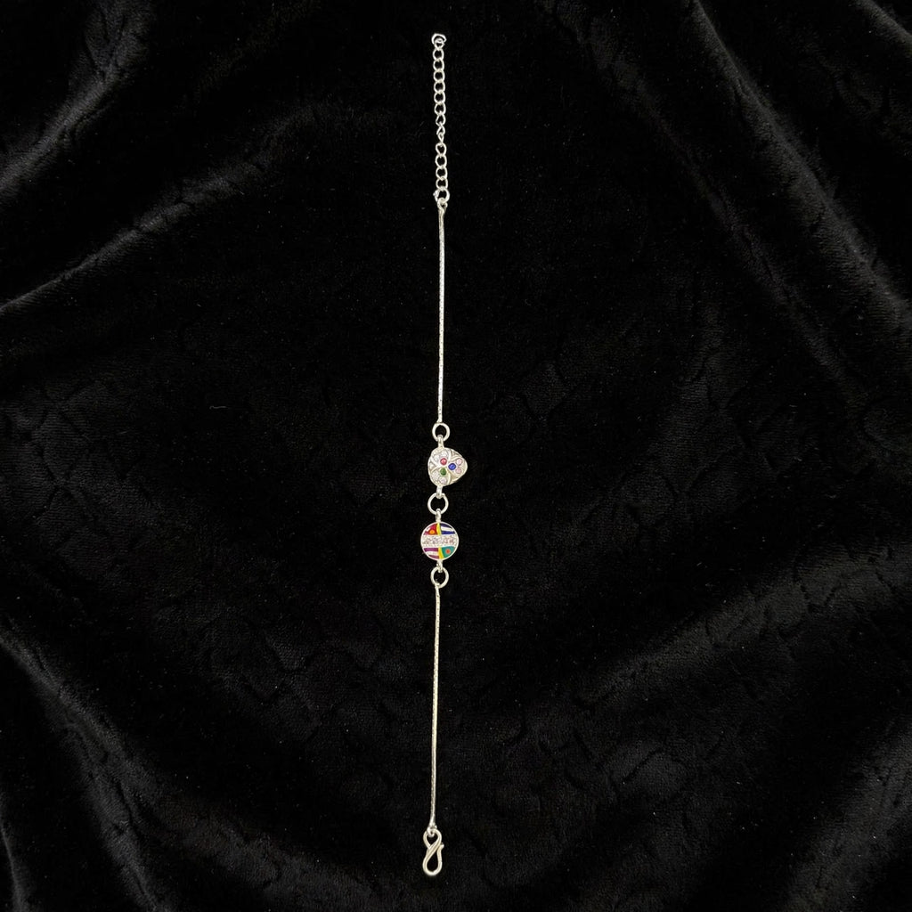 Double Charm Rainbow Silver Bracelet - Heart + Circle