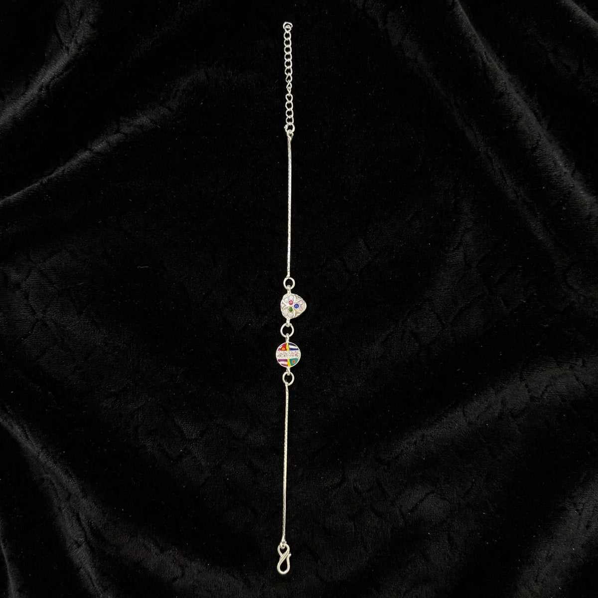 Double Charm Rainbow Silver Bracelet - Heart + Circle