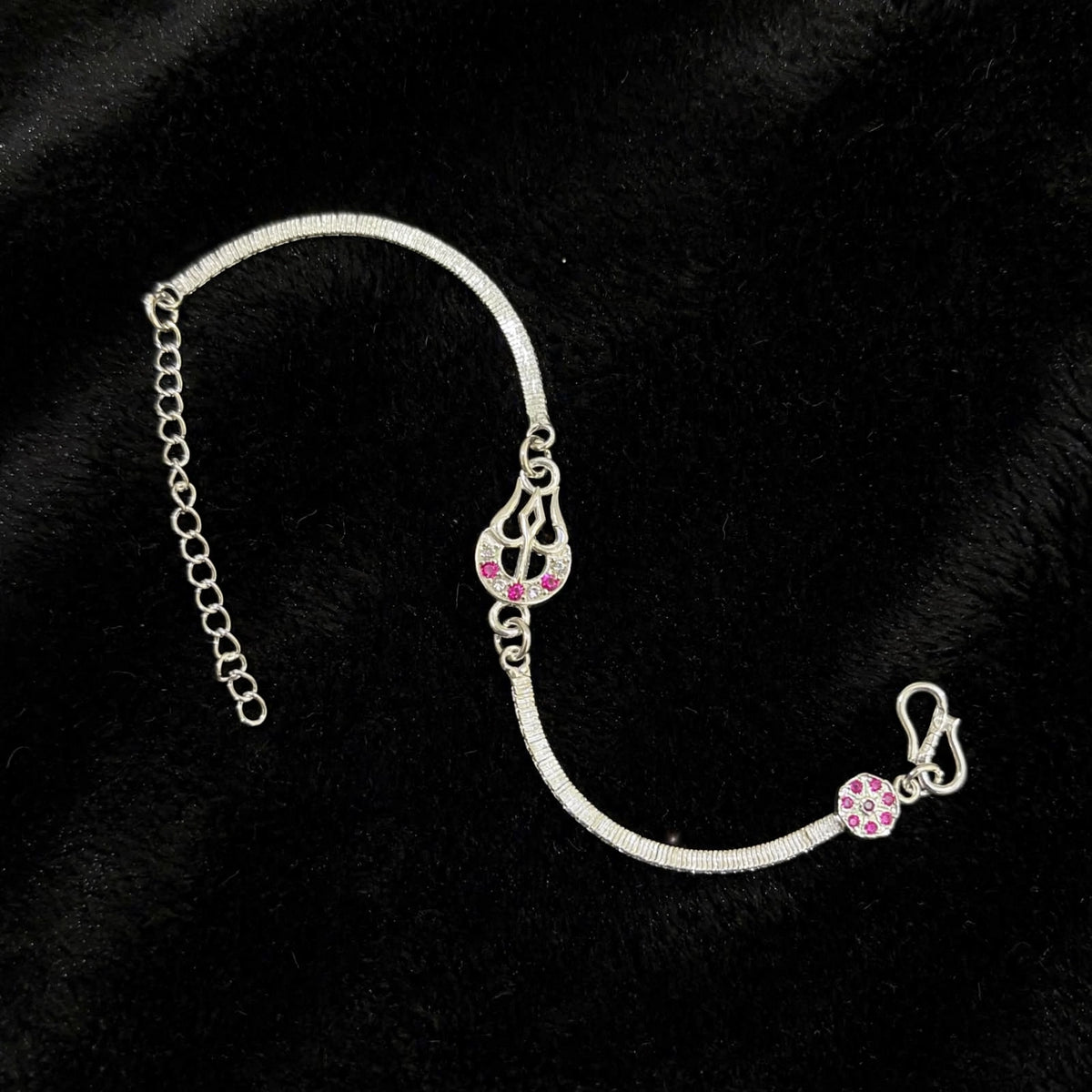 Shiv Trishul Silver Bracelet - Pink White CZ