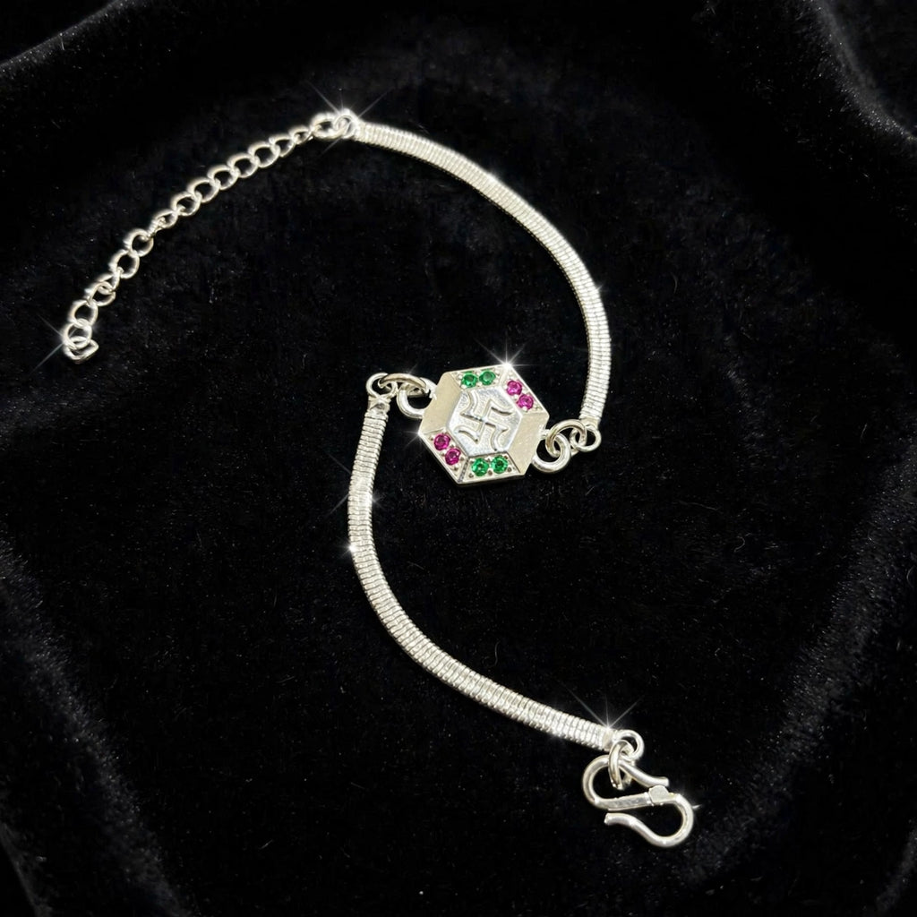 Swastik Hexagon Silver Bracelet - Pink Green CZ