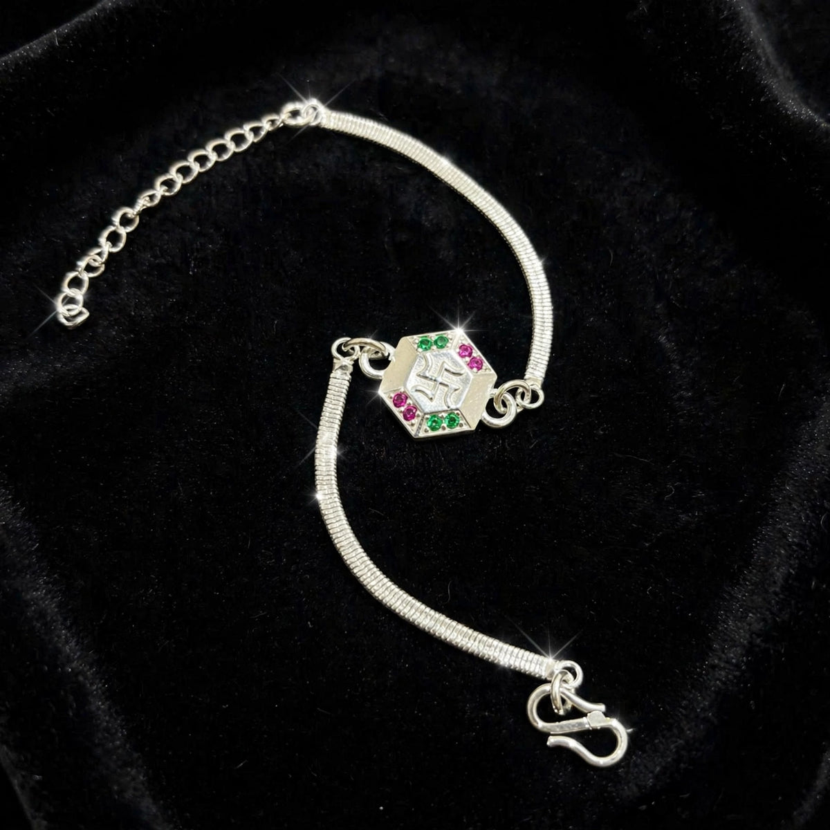 Swastik Hexagon Silver Bracelet - Pink Green CZ